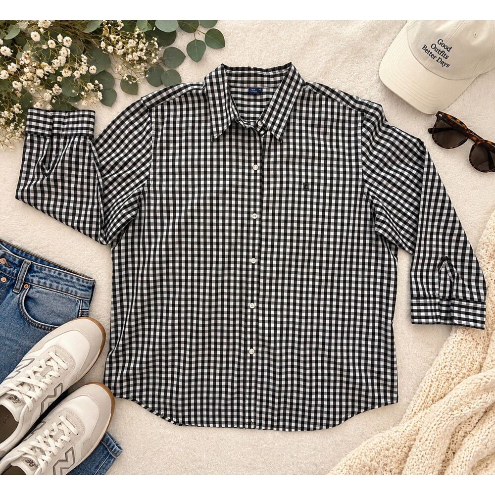 J.Crew Women's Gingham Button Down Shirt Black White 100% Cotton XL